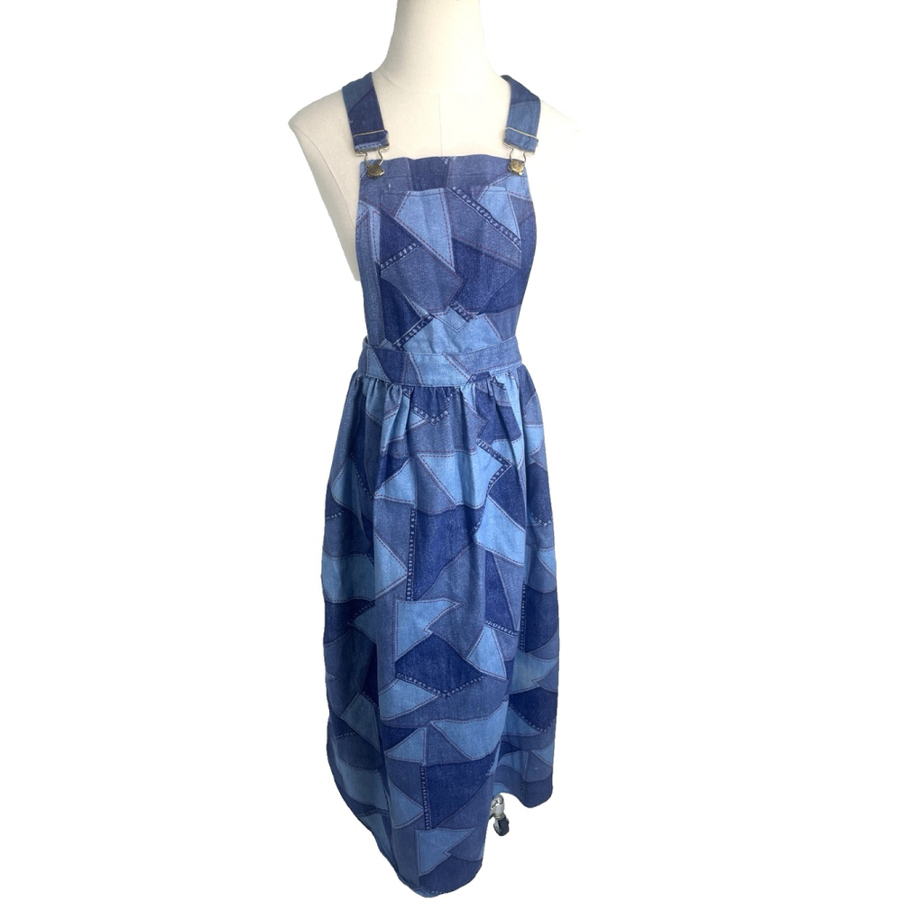 Vtg Womens Apron Smock "In Good Company" San Francisco Patchwork Print‎ Denim